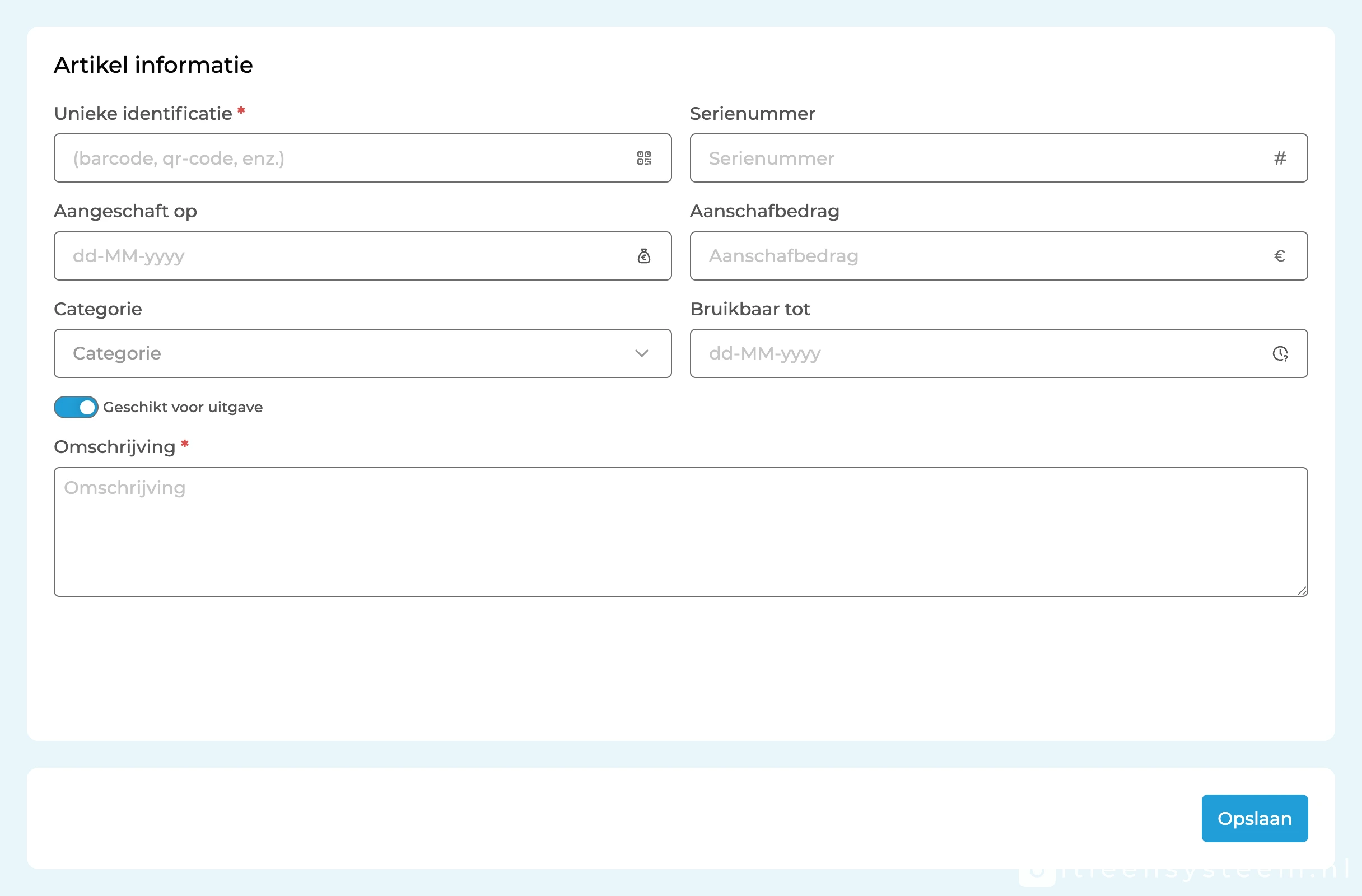Voorbeeldscherm Inventaris-module – inventarisartikel aanmaken in Uitleensysteem.nl