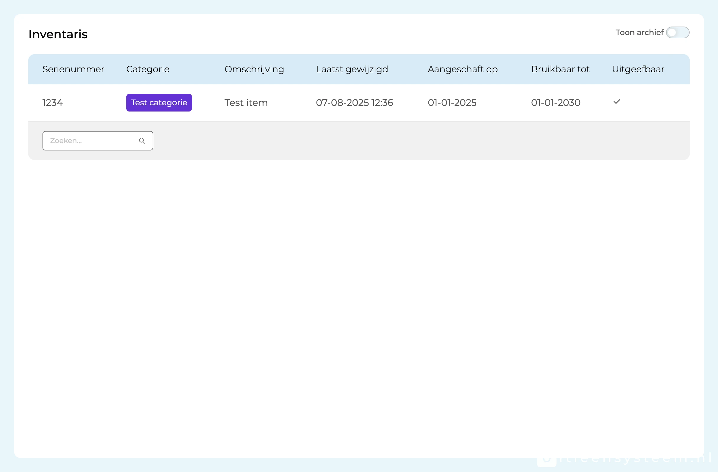 Voorbeeldscherm Inventaris-module – inventarisoverzicht in Uitleensysteem.nl
