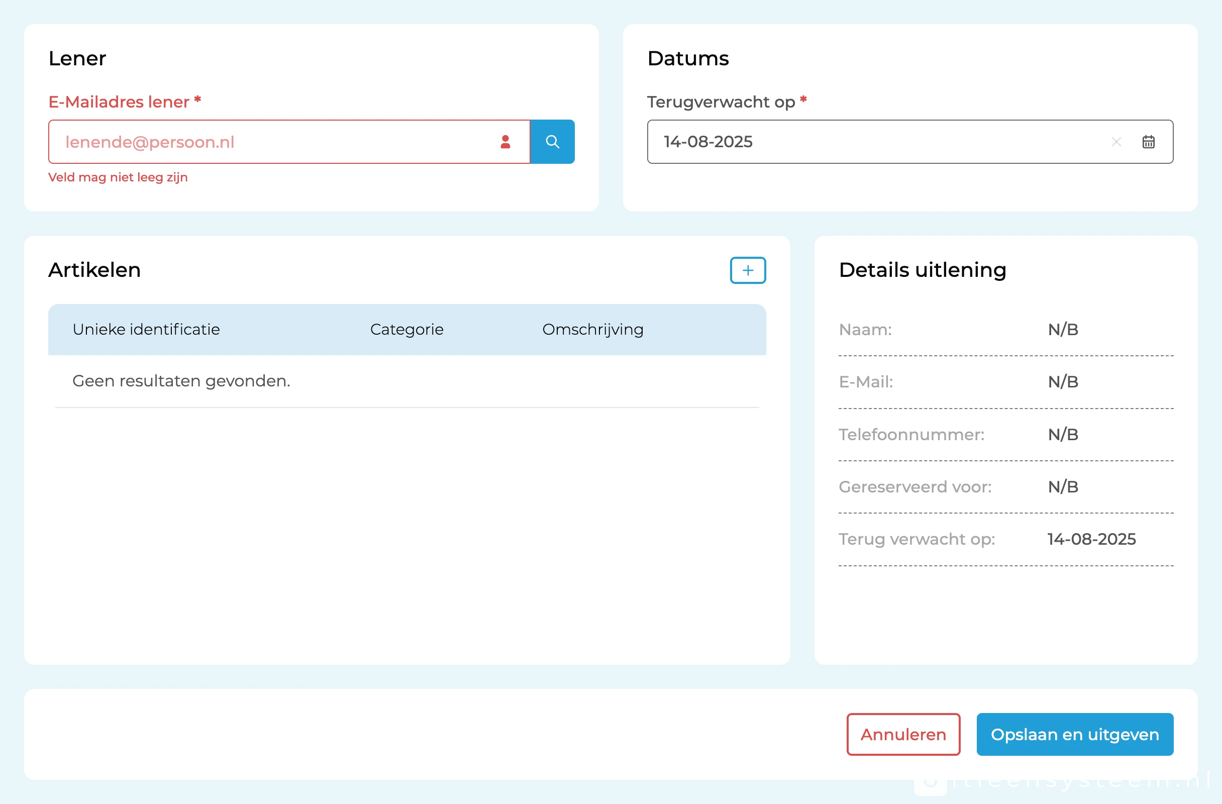 Voorbeeldscherm – Uitlening aanmaken in Uitleensysteem.nl Voorbeeldscherm Uitleningen-module – uitlening aanmaken in Uitleensysteem.nl