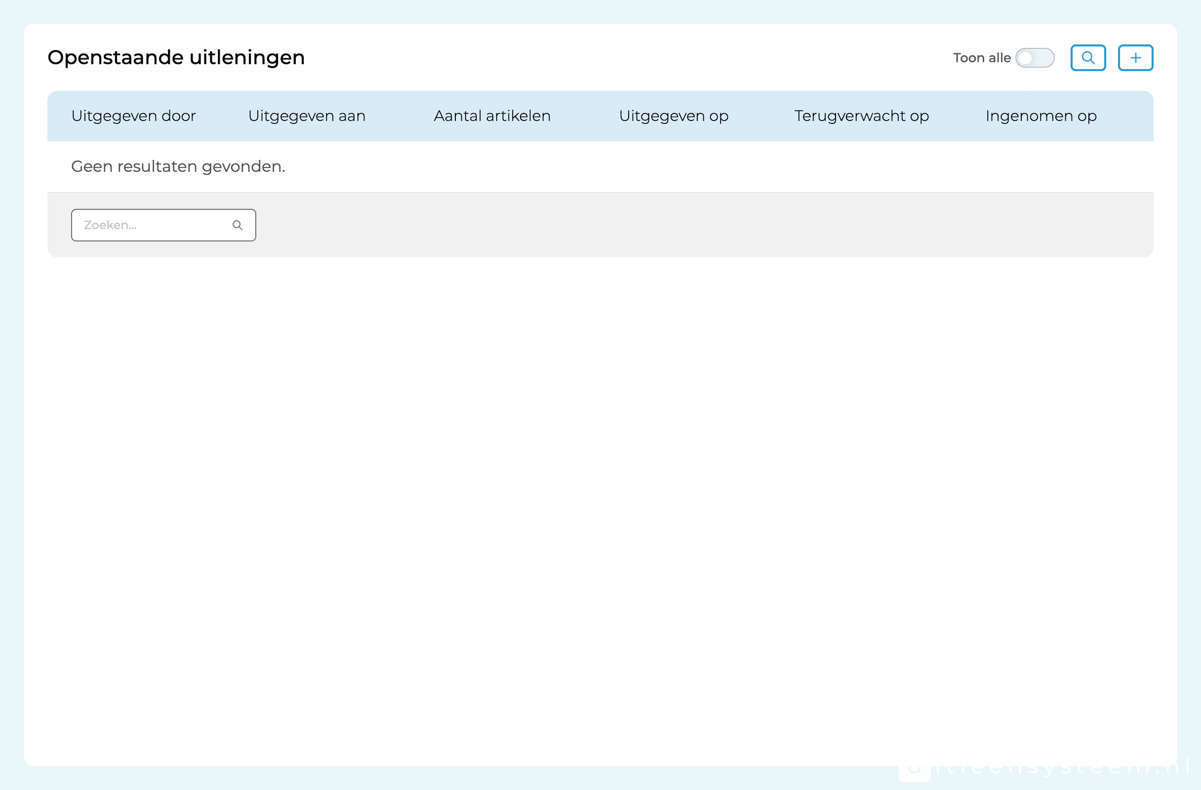 Voorbeeldscherm – Uitleningenoverzicht in Uitleensysteem.nl Voorbeeldscherm Uitleningen-module – uitleningenoverzicht in Uitleensysteem.nl