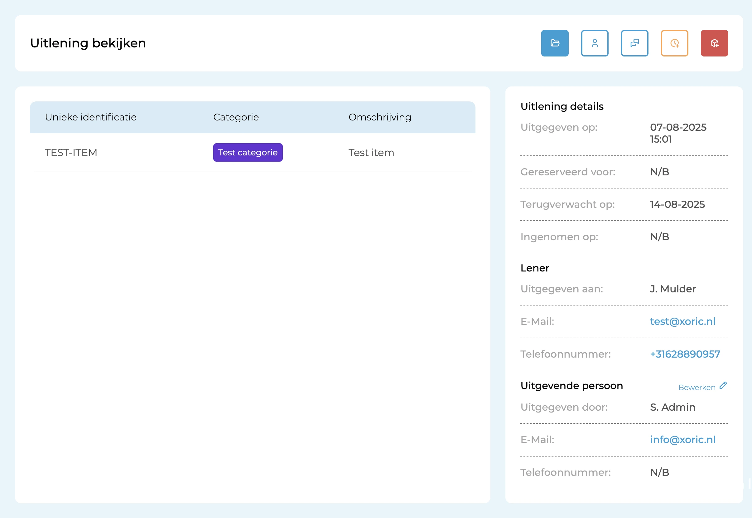 Voorbeeldscherm Uitleningen-module – uitlening inzien in Uitleensysteem.nl